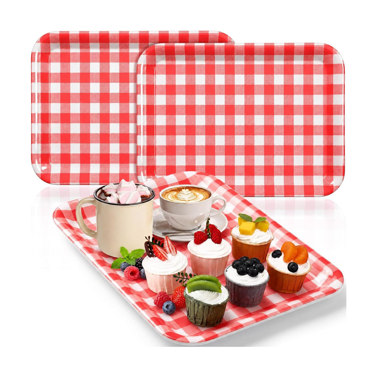 Vesici 3 Pcs Red Gingham Serving Trays 13 x 10 Inch Plaid Melamine Platter
