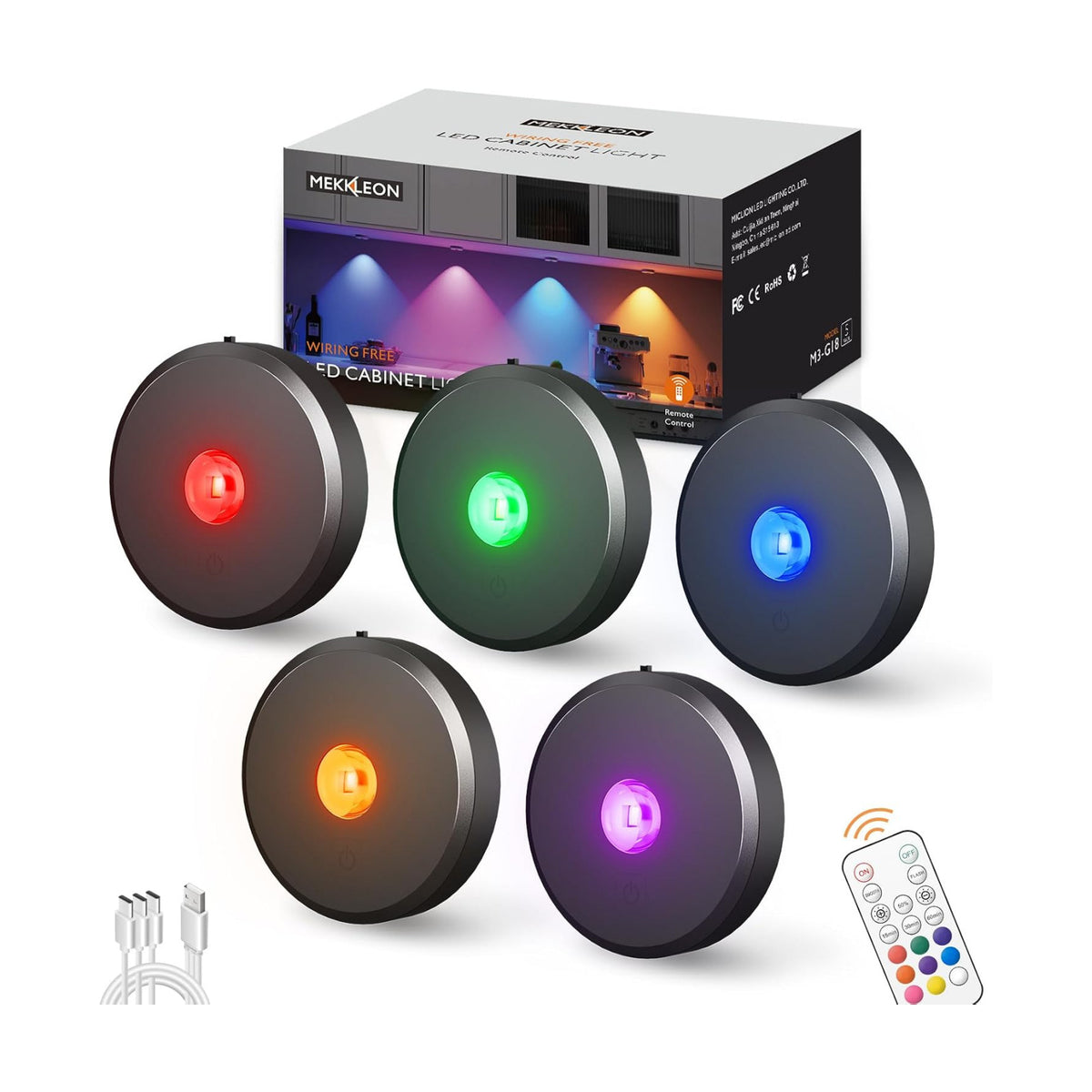 RGB Puck Lights with Remote Control, 2000mAh Rechargeable Stick on Led Lights, 9 Colors & 2 Dynamic, Tap Light with