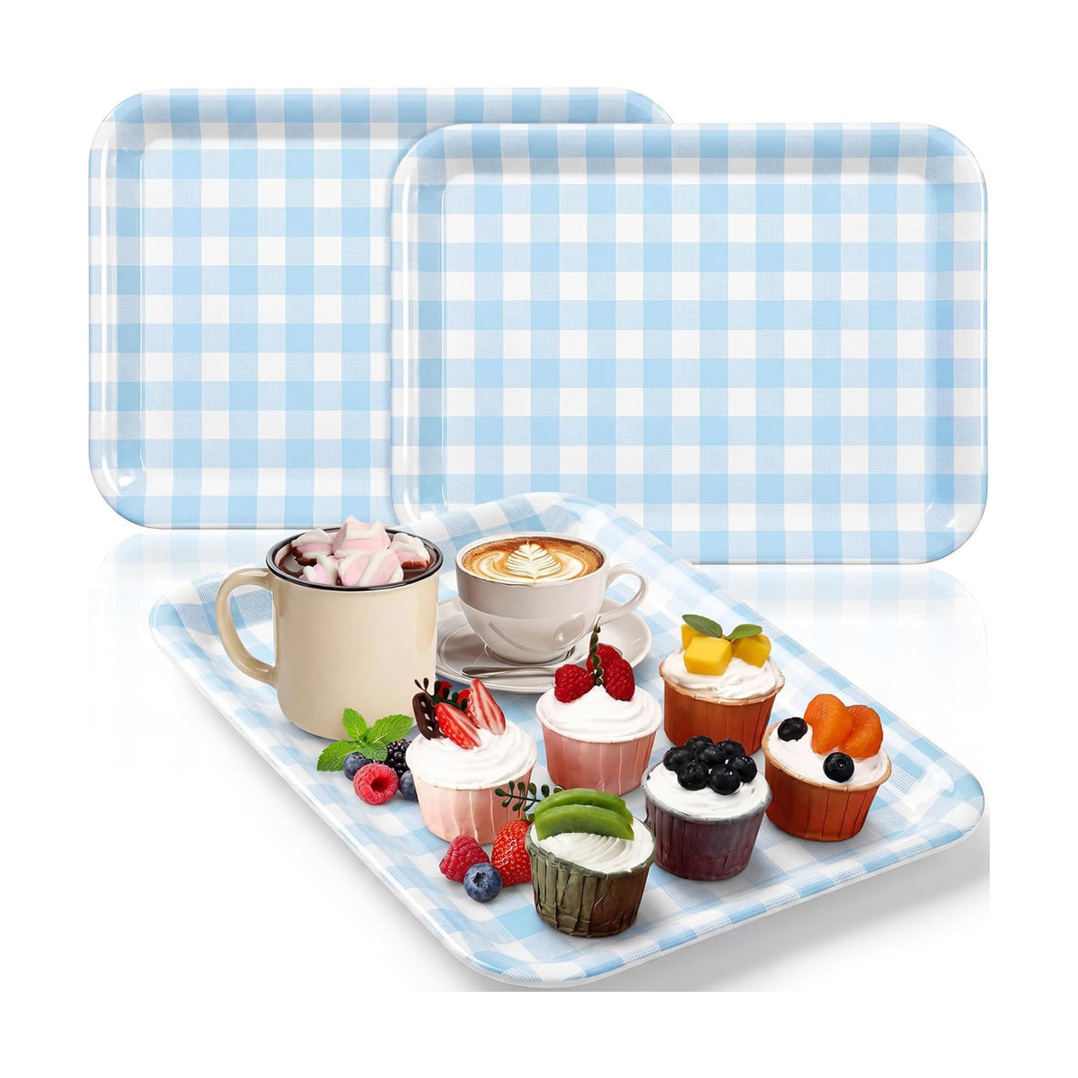 Vesici 3 Pcs Light Blue Gingham Serving Trays 13 x 10 Inch Melamine Platter