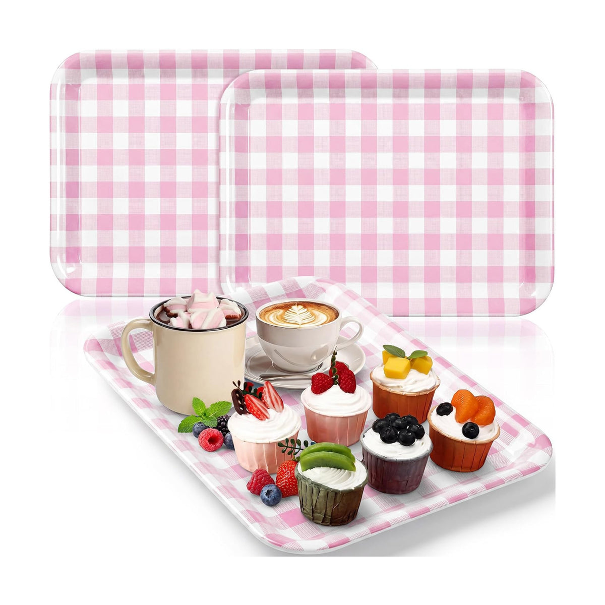 Vesici 3 Pcs Pink Gingham Serving Trays 13 x 10 Inch Plaid Melamine Platter
