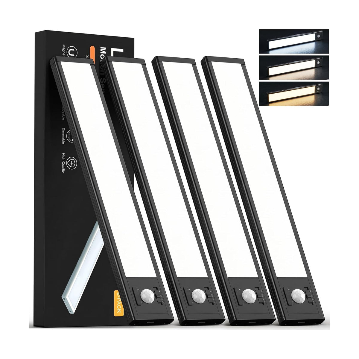4Pack Under Cabinet Lighting Rechargeable -10" Ultra-Thin Black 3 Color Temps Super Bright, Motion Sensor, Long Lasting