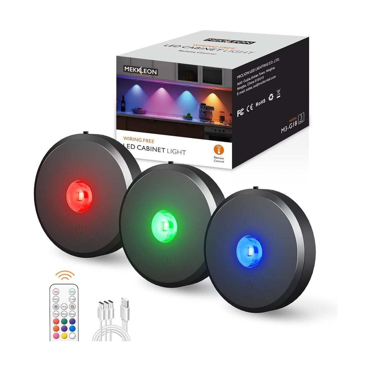 RGB Puck Lights with Remote Control, 2000mAh Rechargeable Stick on Led Lights, 9 Colors & 2 Dynamic, Tap Light with