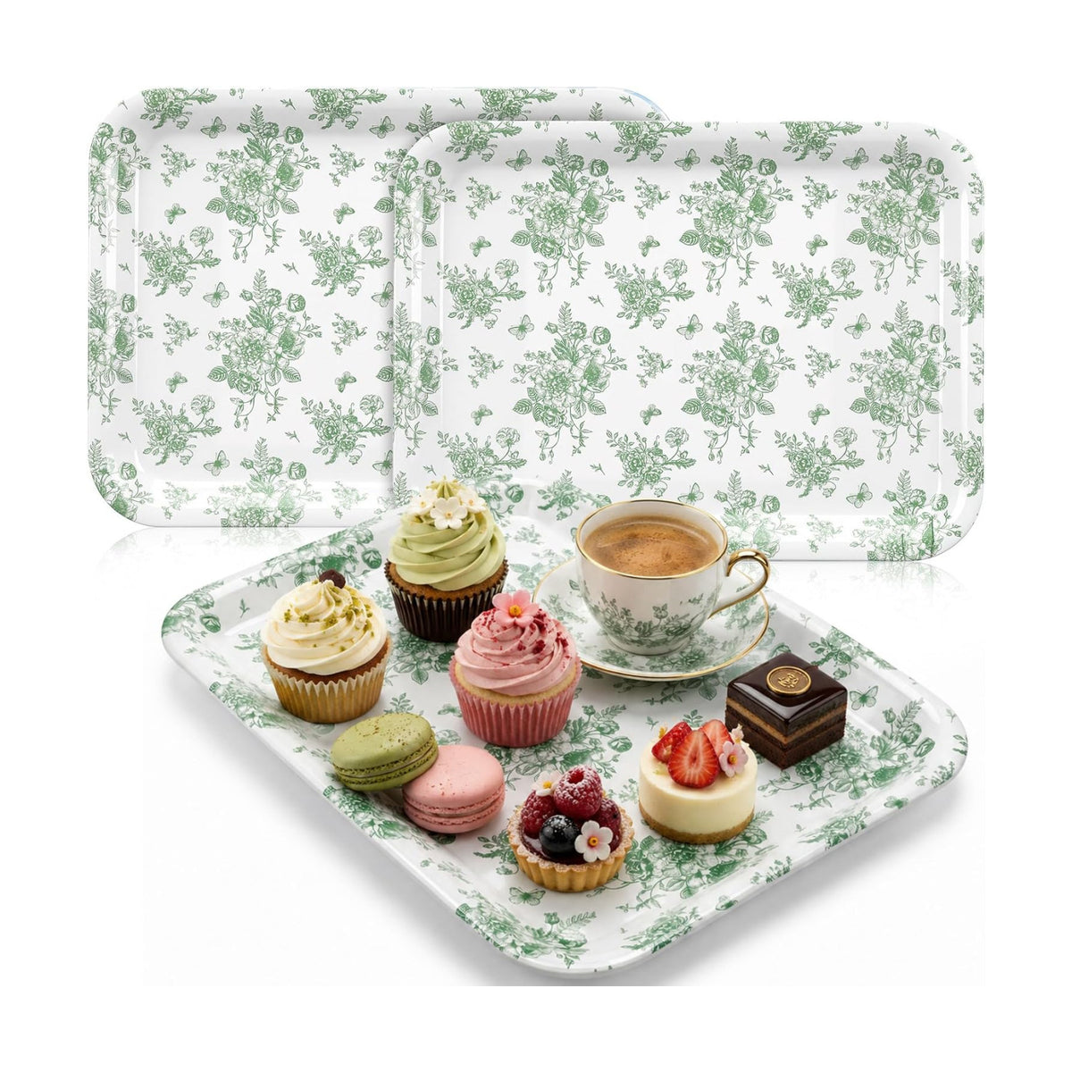 Vesici 3 Pcs Sage Green Floral Serving Trays 13 x 10 Inch Green Chinoiserie Flower Melamine Platters Reusable Rectangular Serving Dish for Spring Wedding Bridal Party Sharing Snack Fruit Dessert Candy