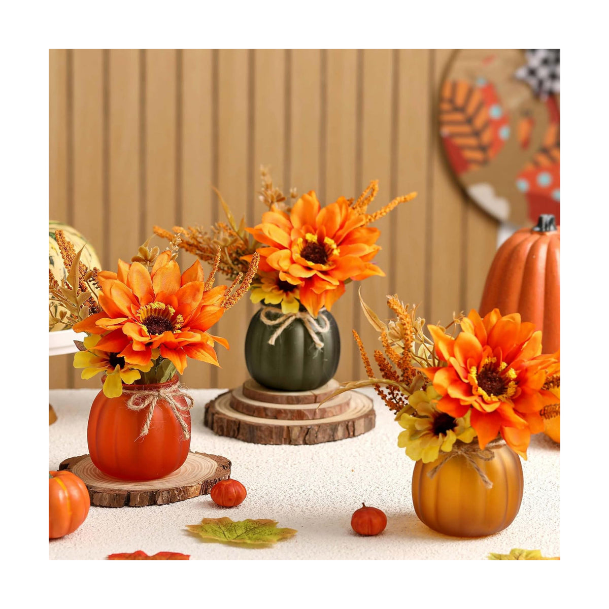 Fall Tiered Tray Decor - 3 Pcs Pumpkin Cups with Artificial Sunflowers