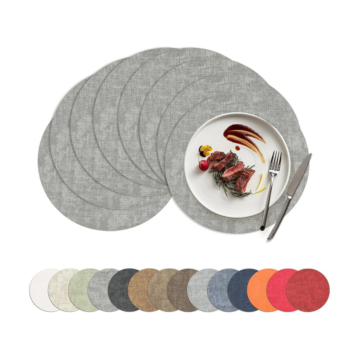 Round Placemats Set of 8, 15 Inch Faux Leather Place mats, Washable Wipeable Non Slip, Heat Resistant Waterproof Vinyl