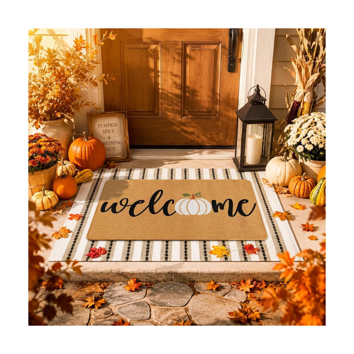 Tinideya 2 Pcs Fall Door Mat Set, Pumpkin Welcome Mat Beige Striped Rug