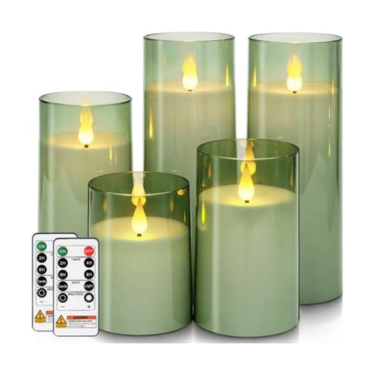 Homemory Sage Green Flameless Candles, Acrylic LED Pillar Candles with Remote Timer, Set of 5