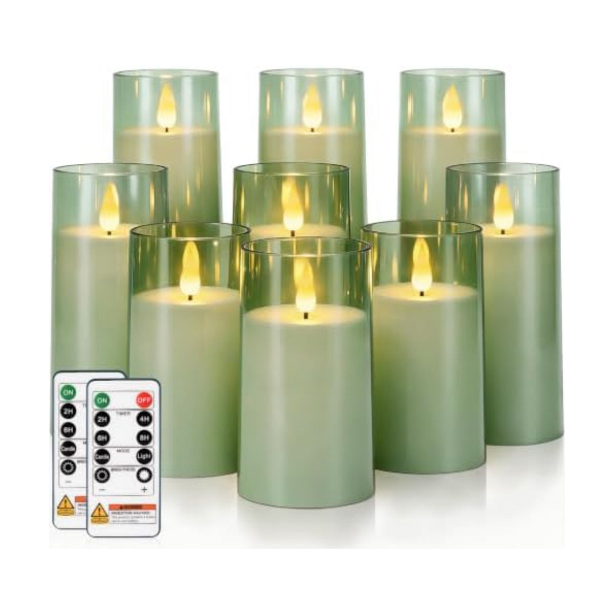 Homemory Sage Green Flameless Candles, Acrylic LED Pillar Candles with Remote Timer, Set of 9