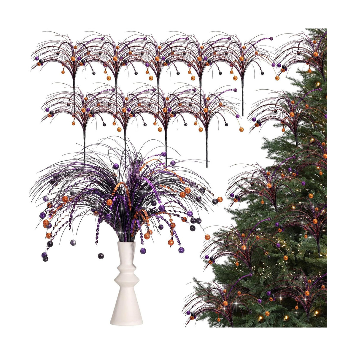Suncalla 9 Pcs Halloween Floral Picks 17.7 Inch Artificial Glitter Stems Halloween Tree Vase Filler Decoration Purple Orange Black Table Centerpiece Decor Sprays Picks for Wreath Party Home