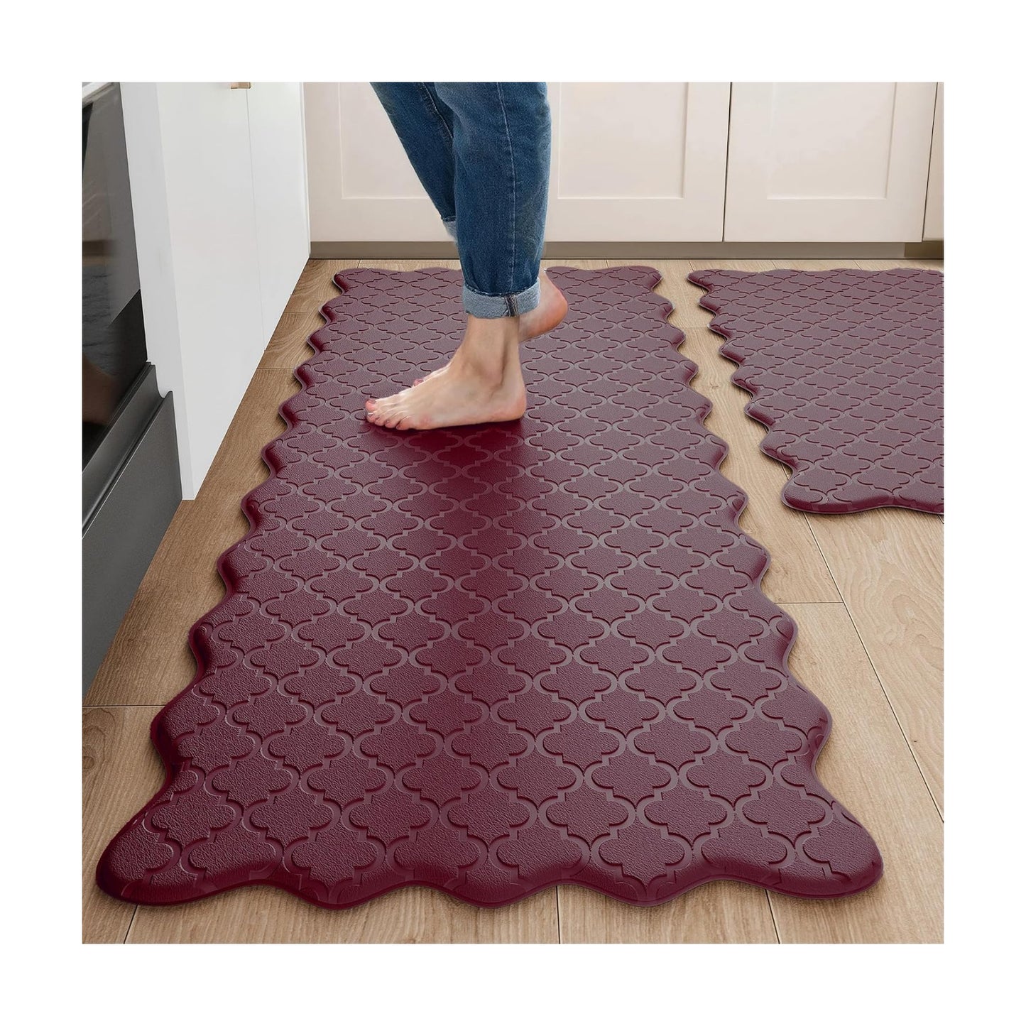 Arenarug Upgrade Scalloped Kitchen Mats for Floor 2PC, Red Kitchen Rugs