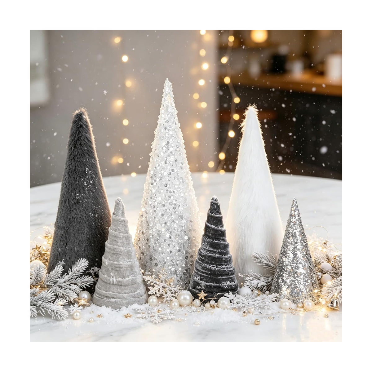 6 PCS 12" 10" 6" Christmas Silver Gray Cone Tree Decoration Christmas Glitter Sequin Furry Velvet Tree Table Centerpiece Modern Tiered Tray Ornament Xmas Tree for Home Holiday Mantle Winter Decor