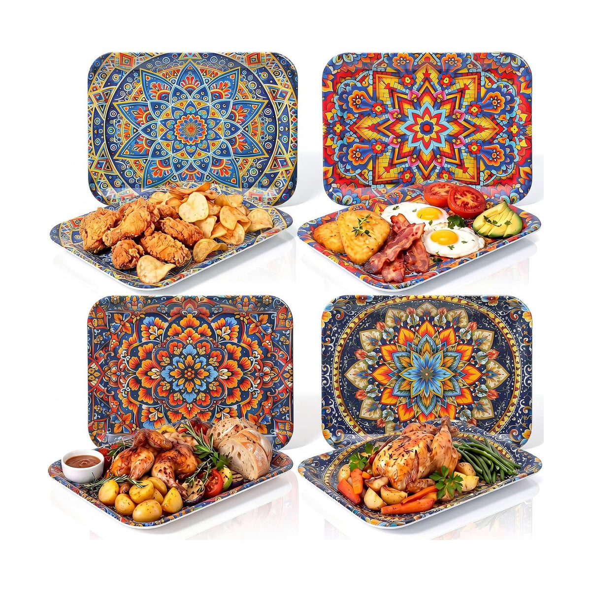 4 Pieces Melamine Platters, Boho Flower, Mixed