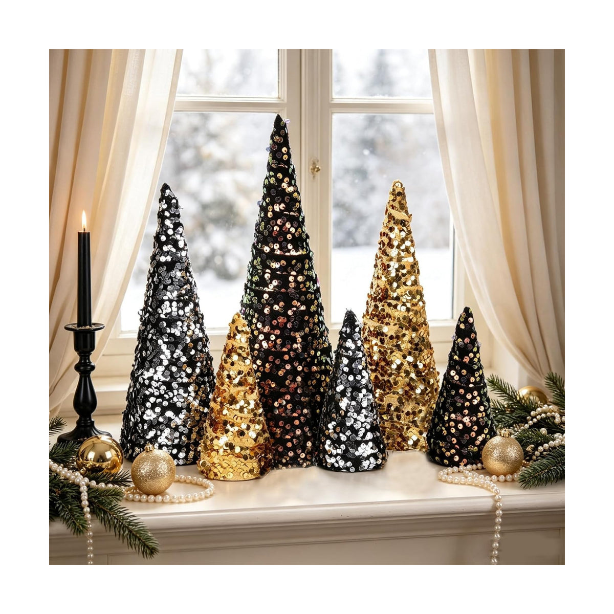 6 PCS 12" 10" 6" Christmas Sequin Cone Tree Decorations Black Gold Silver Glitter Tabletop Small Trees Tiered Tray Ornament for Xmas Gothic Halloween Farmhouse Mantel Shelf Table Home Party Tree Decor