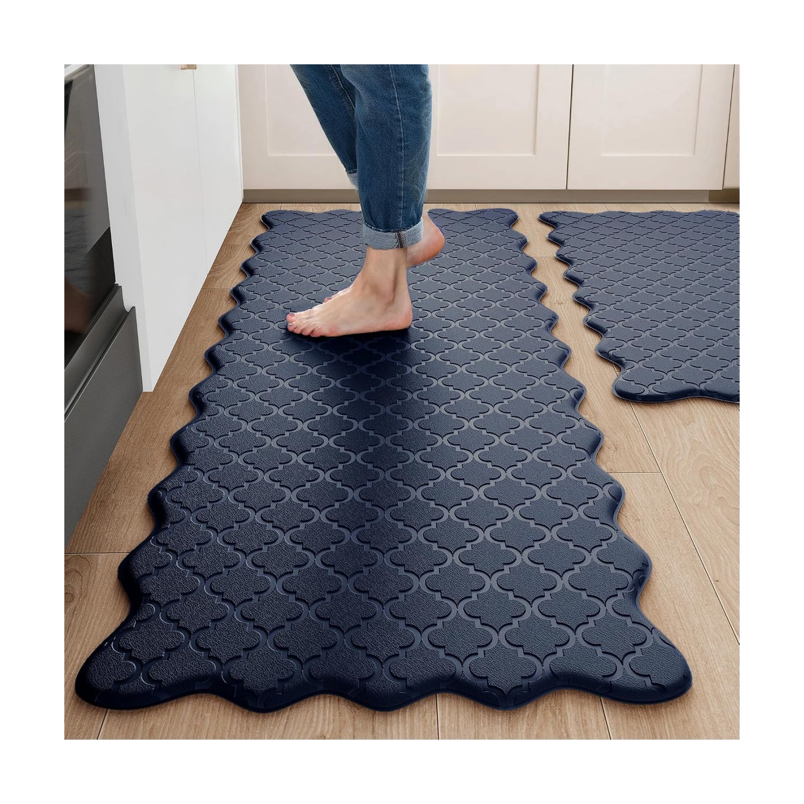 Arenarug Upgrade Scalloped Kitchen Mats for Floor 2PC, Navy Kitchen Rugs