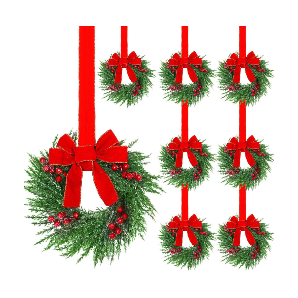 YoleShy 8 Pcs Small Christmas Wreath 12" Mini Wreaths for Cabinets, Small Wreath with Berry & Red Velvet Bow Ribbon, Window Wreaths Christmas Cabinet Wreaths for Kitchen Front Door Chair Wall