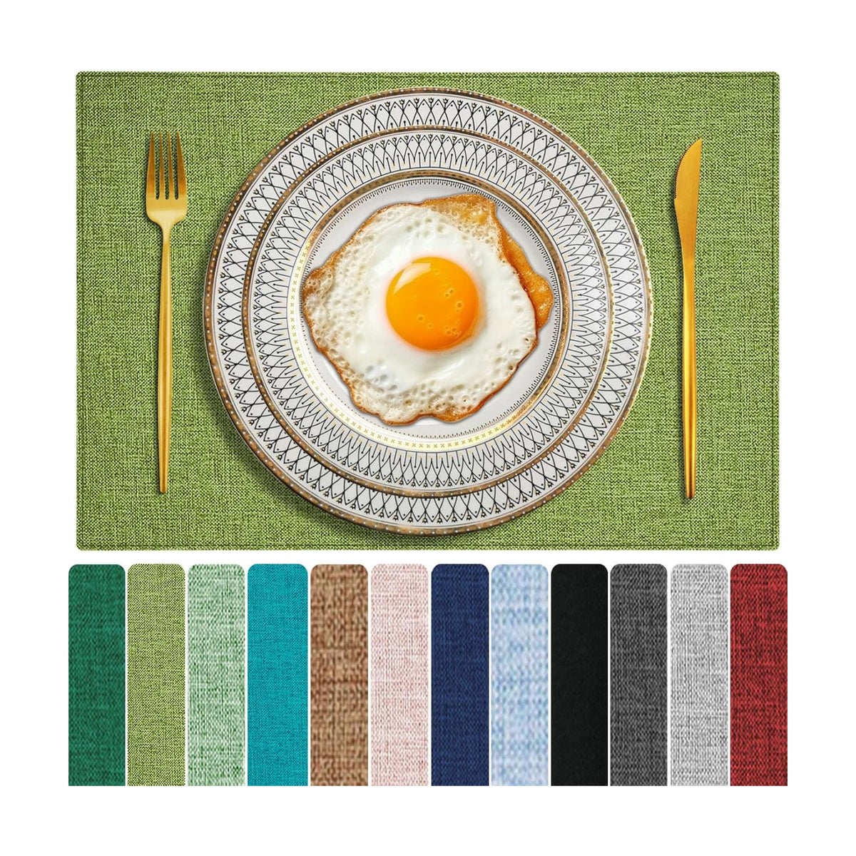 Cloth Placemats Set of 6, Cotton Linen Blend Place Mats, Grass Green | Machine Washable, Double Layered, Heat