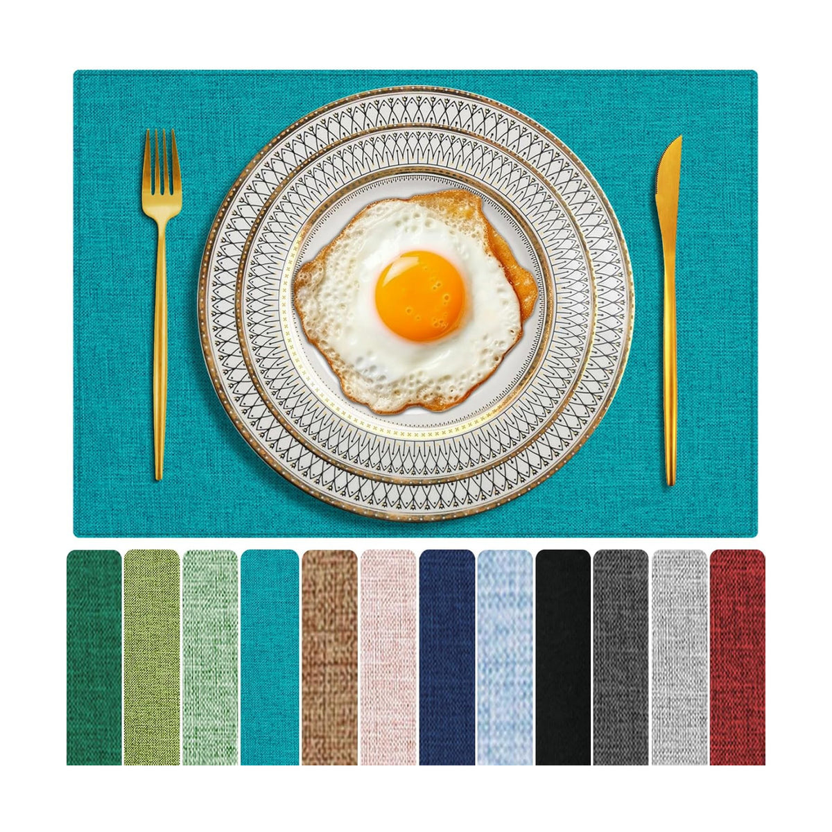 Cloth Placemats Set of 6, Cotton Linen Blend Place Mats, Teal | Machine Washable, Double Layered, Heat Resistant