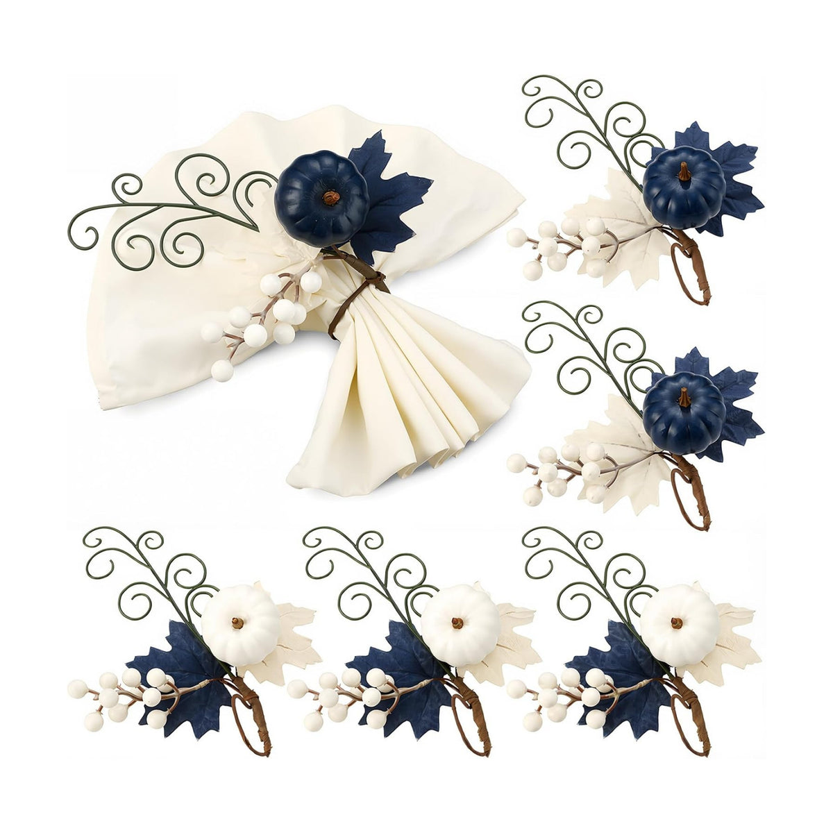 Teenyyou Set of 6 Blue Fall Napkin Rings Blue Pumpkin Ring Holder