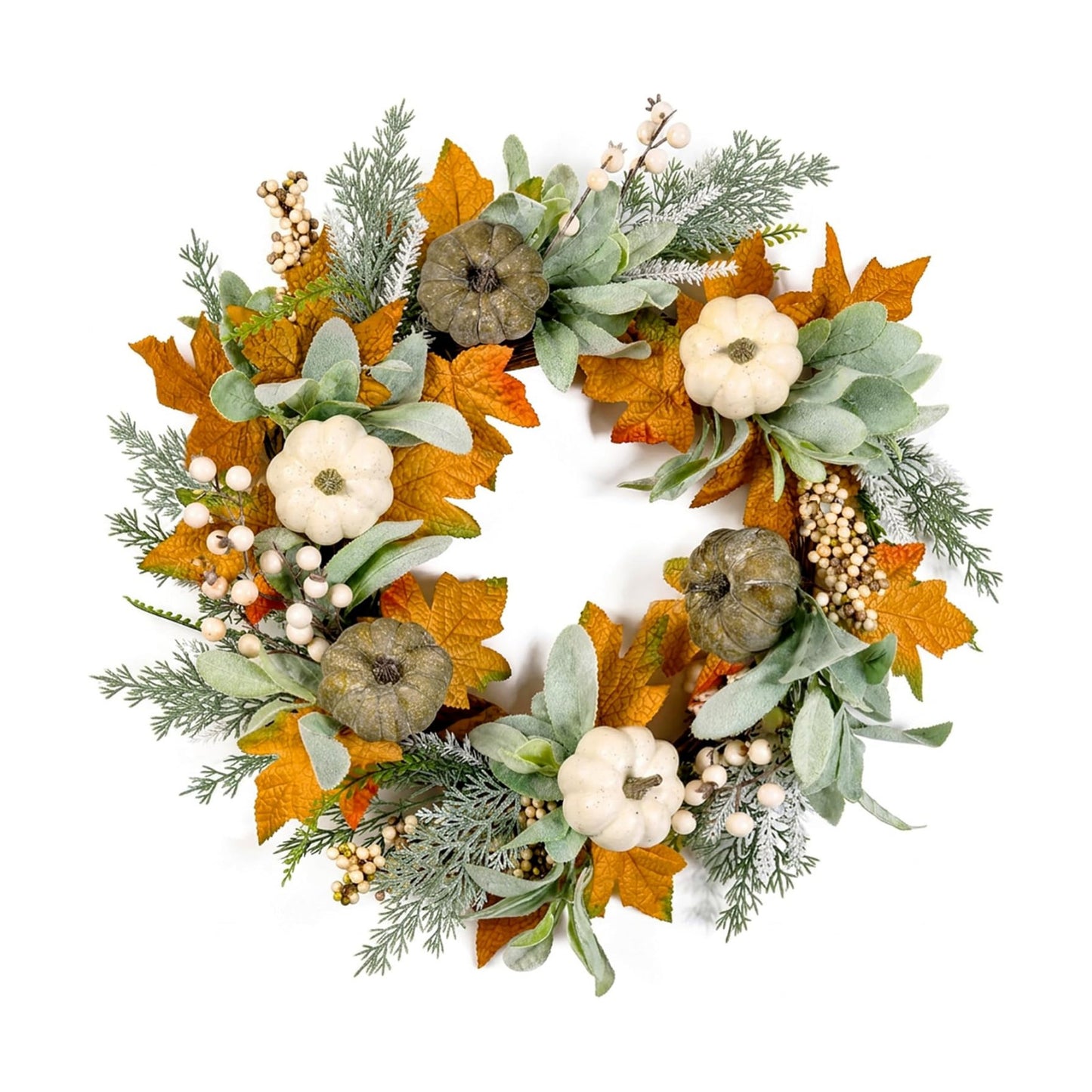 Pinkpum 20" Fall Wreath for Front Door Pumpkin Lambs Ear Wall Decor Autumn