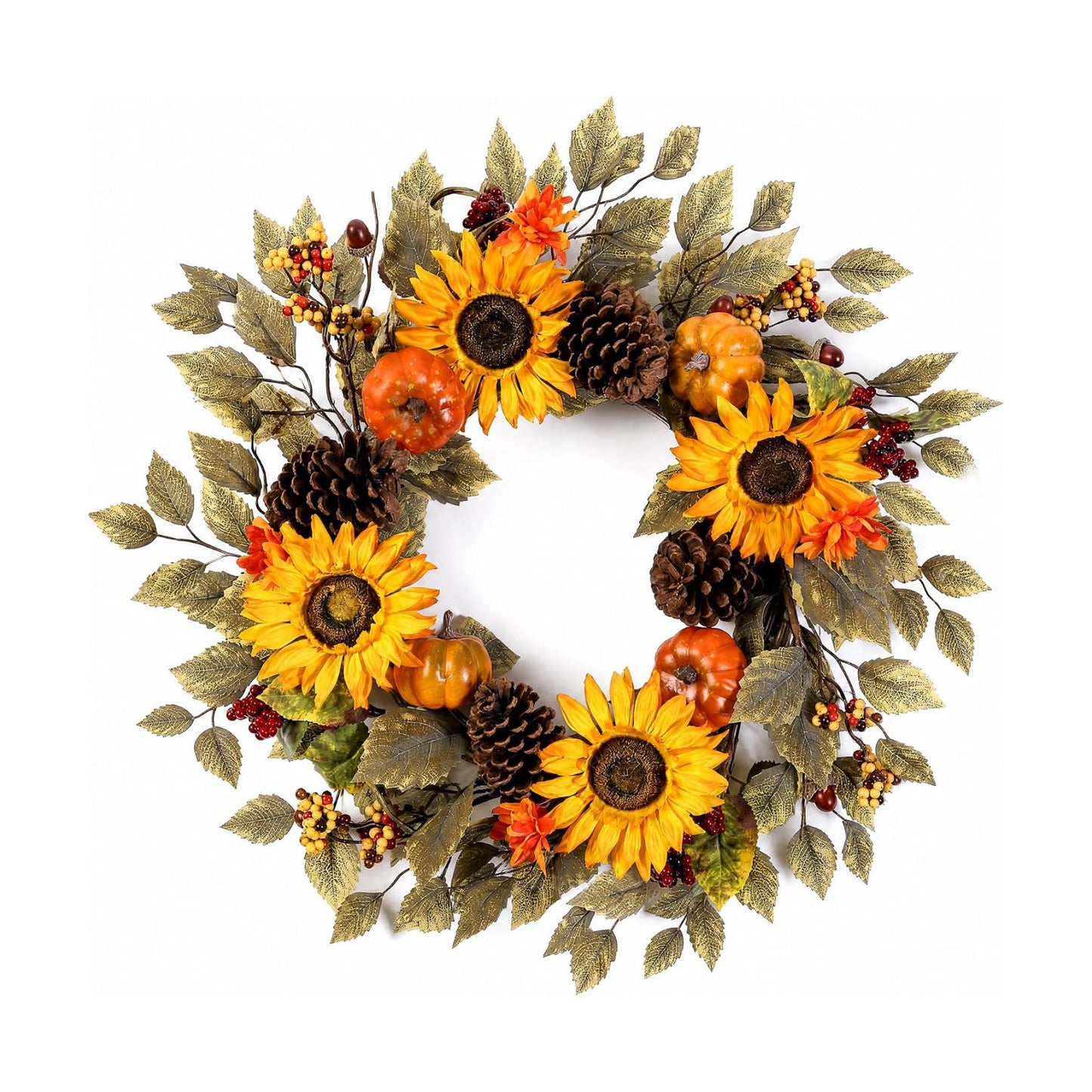 Pinkpum 20" Fall Wreath Front Door Pumpkin Sunflower Pine Cones Wall Decor