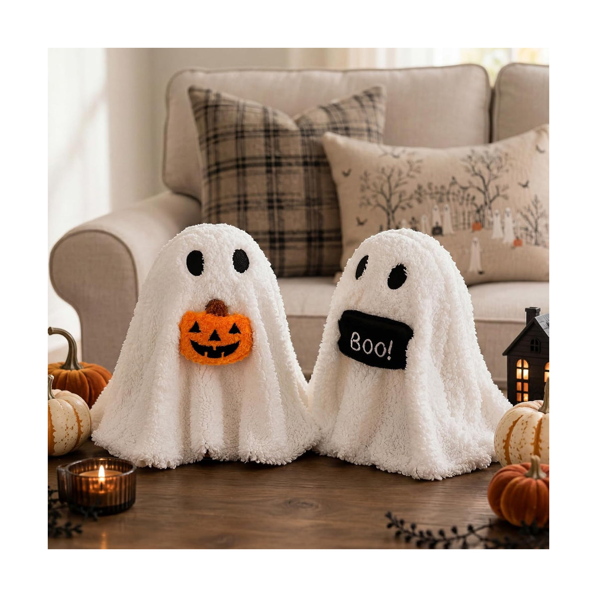 Bunny Chorus Halloween Ghost Table Decorations, 2pcs Draped Plush Ghost Decor, Cute Cozy Halloween Decor Indoor for Desk Mantel Tiered Tray Shelf Fireplace Centerpieces Home Office Party Kids Gifts
