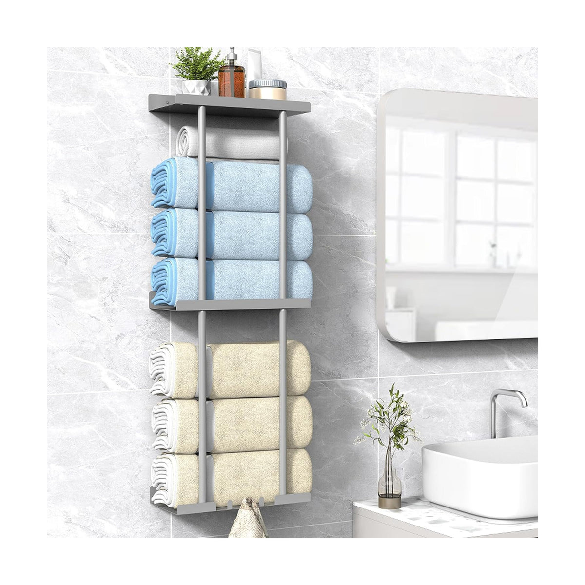 Liuoud Towel Rack for Bathroom, Wall Mounted Bath Towel Holder Storage Organizer for Rolled Towels, Vertical Towel Rack