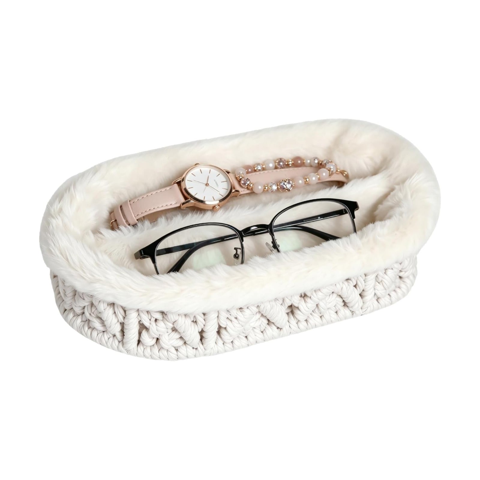 Glasses Holder / Eye-glasses Jewelry Tray for Nightstand Desk / Beige