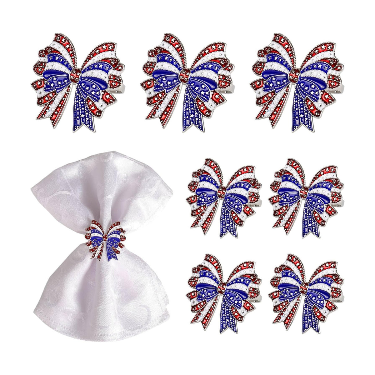 Patriotic Bow Napkin Rings Set of 8, 4th of July Red Blue White Metal Bow with Star Napkin Rings Holder for Independence Day, Presidential Election, Memorial, 250th Anniversary Table Decor