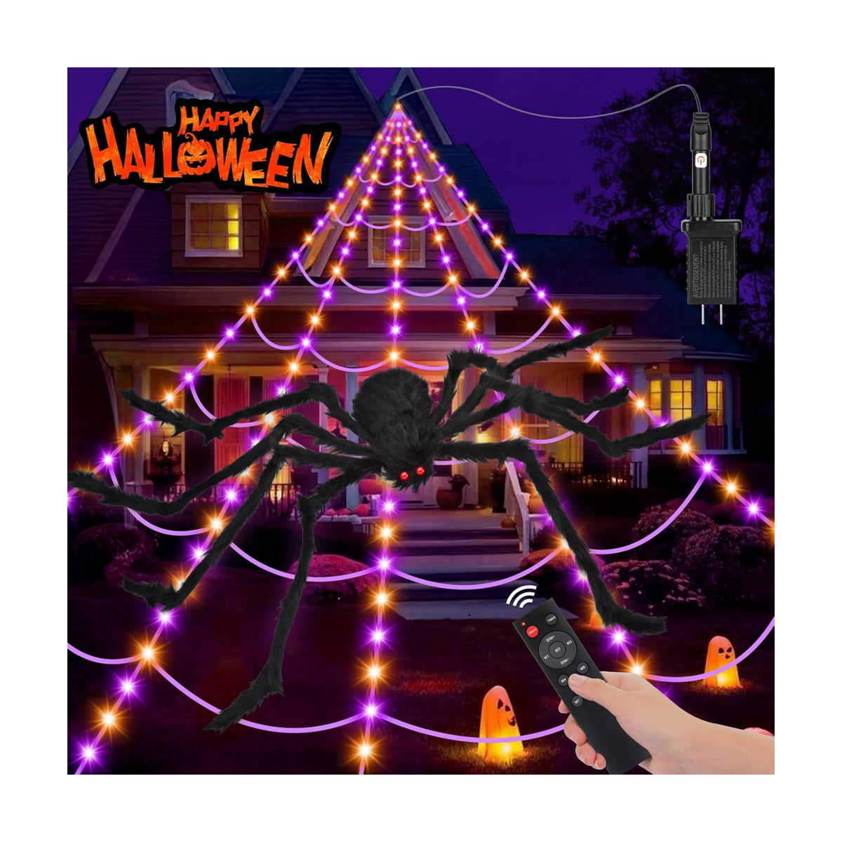 OCATO 200" Halloween Decorations Spider Web Lights Outdoor +59" Fake Spider