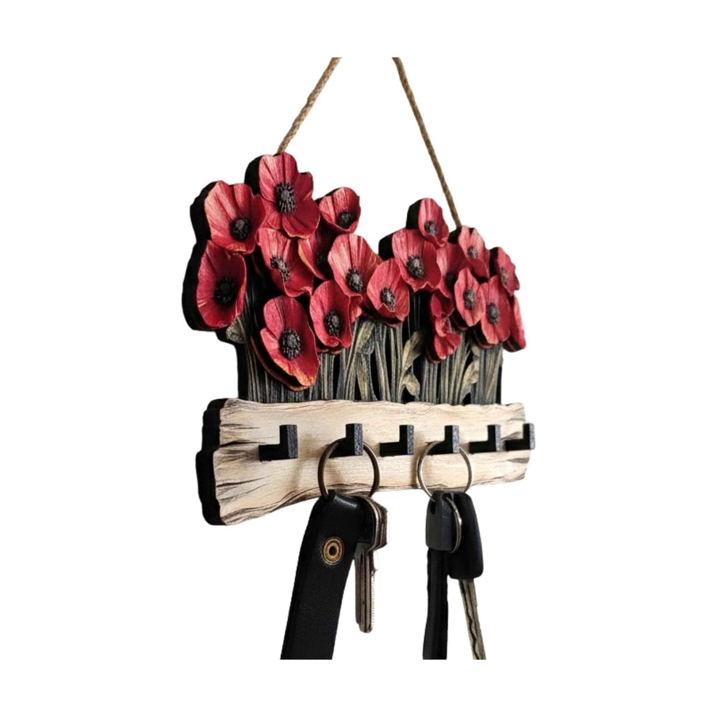Wooden Key Holder / Rustic Poppy Flower Key Rack