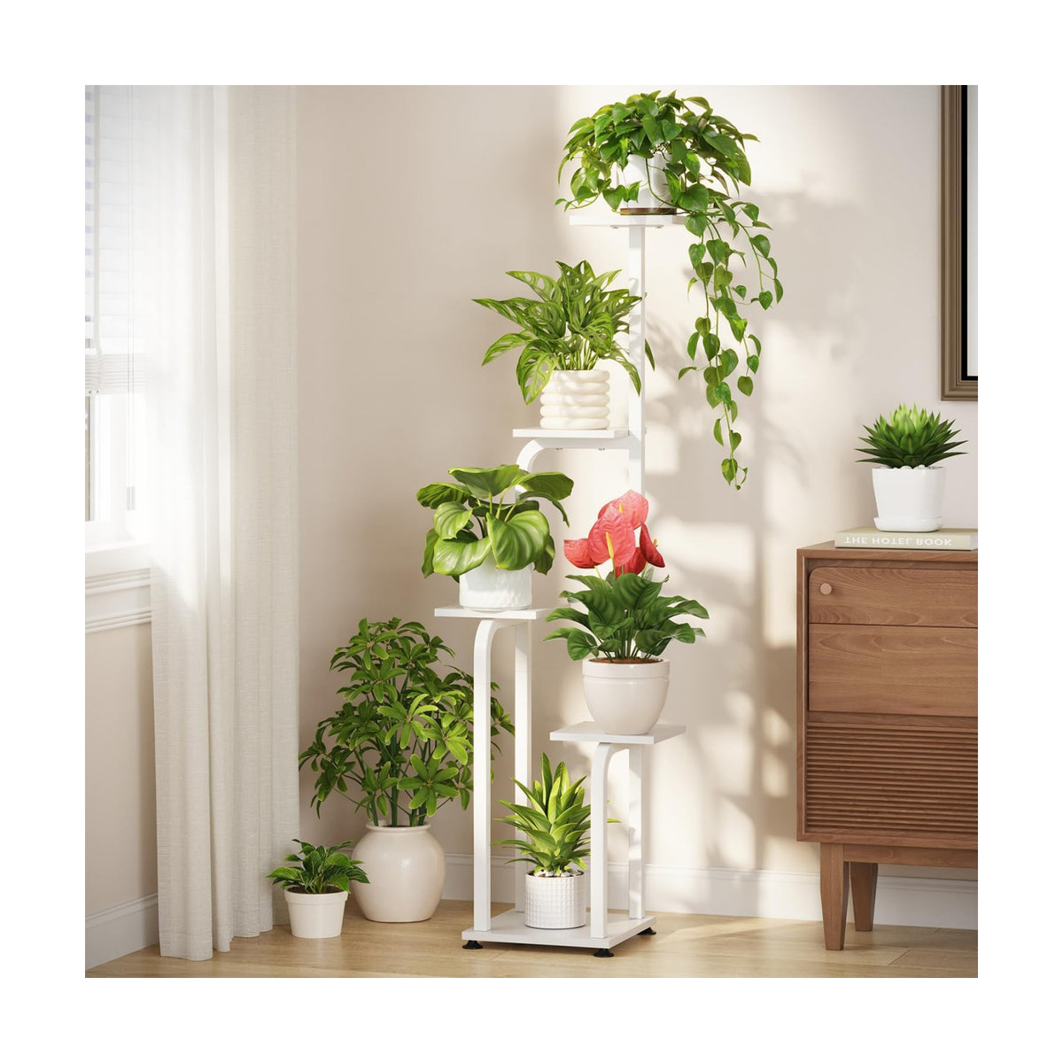 LASZOLA Plant Stand Shelf Tall for Indoor Corner Flower Rack, 5 Tier White | Modern Multiple Display with Wooden Tray