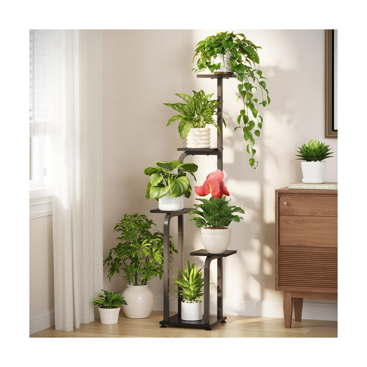 LASZOLA Plant Stand Shelf Tall for Indoor Corner Flower Rack, 5 Tier Black | Modern Multiple Display with Wooden Tray