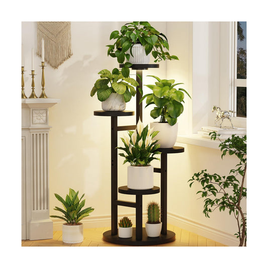 LASZOLA Wood Small Plant Stand Table Indoor Tall with Lights, 4 Tier Black | Corner Flower Pot Holder Rack for Multiple