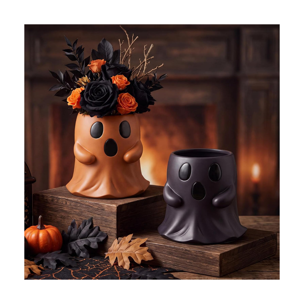 2 Pcs Halloween Terracota and Black Ghost Bucket Decor, 6 Inch