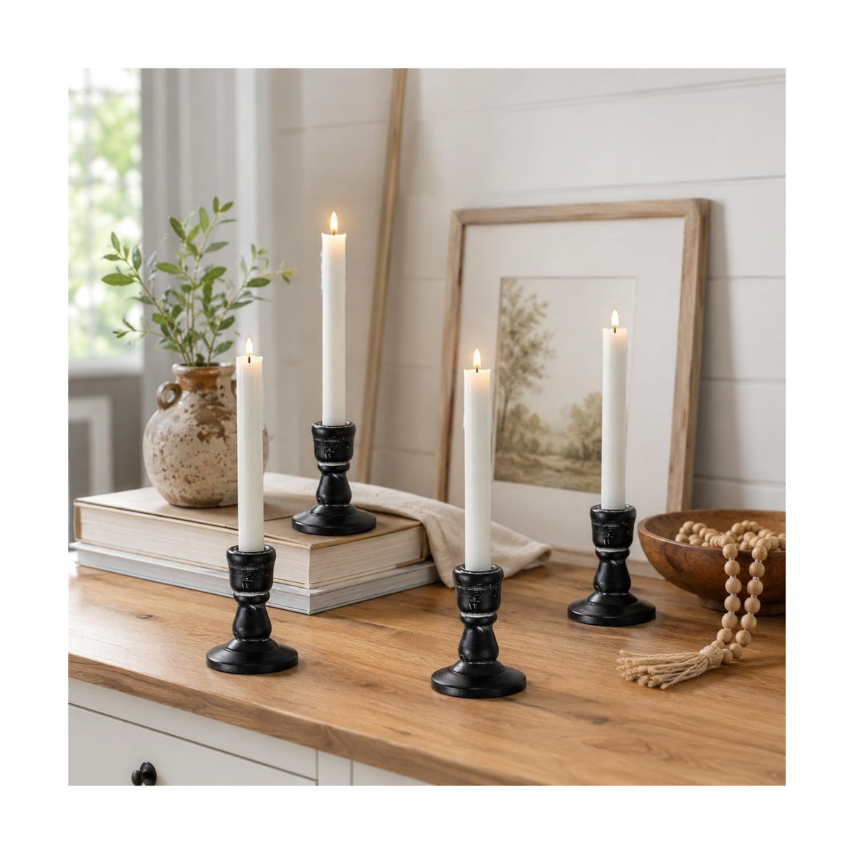 Wooden Taper Candle Holders: Rustic Farmhouse Decor, Set of 4