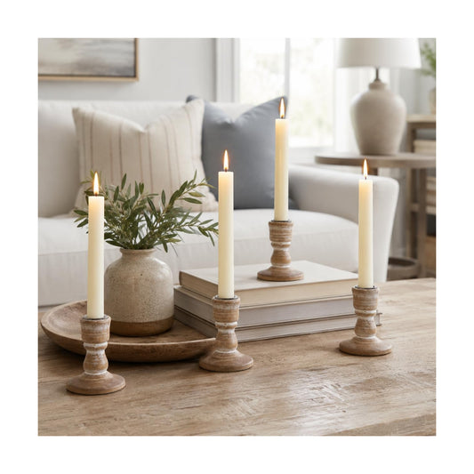 Wooden Taper Candle Holders: Rustic Farmhouse Decor, Set of 4
