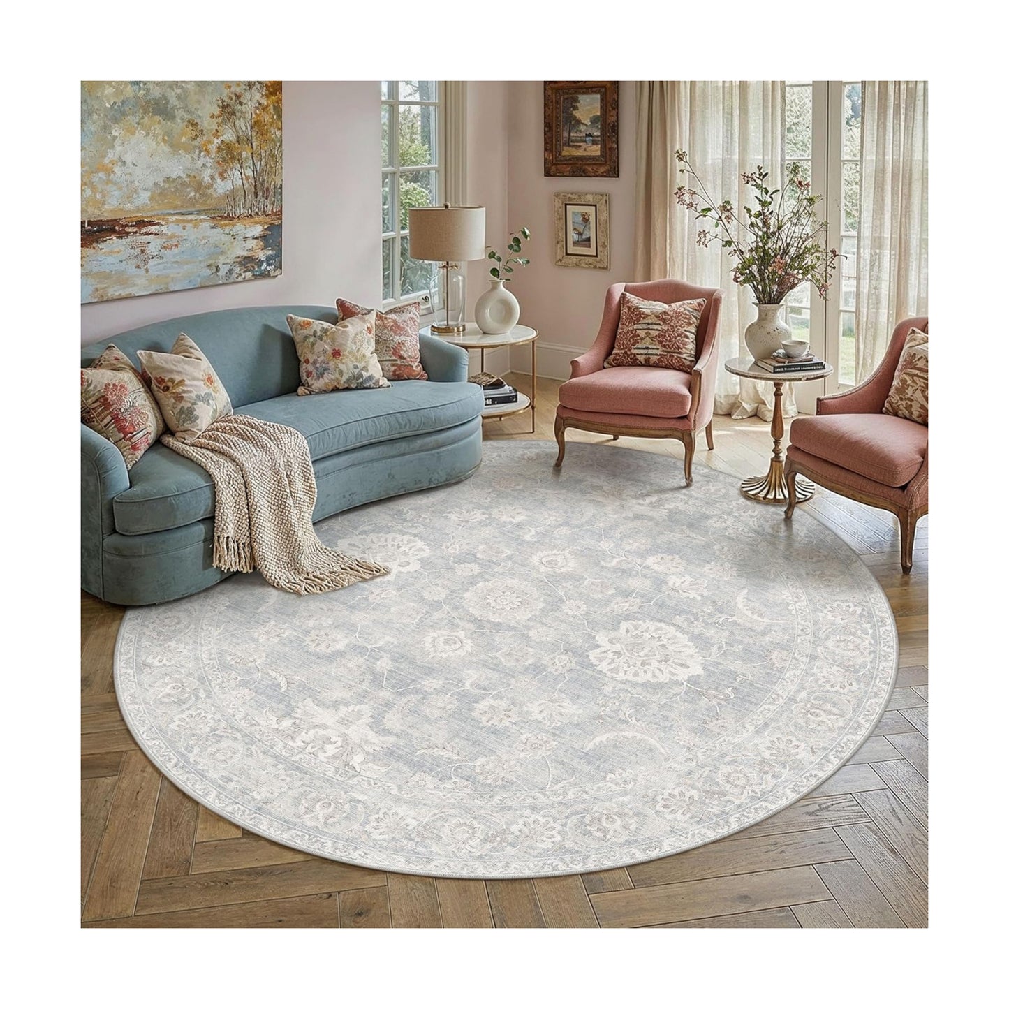 8x8 Blue Cream Neutral Round Rug