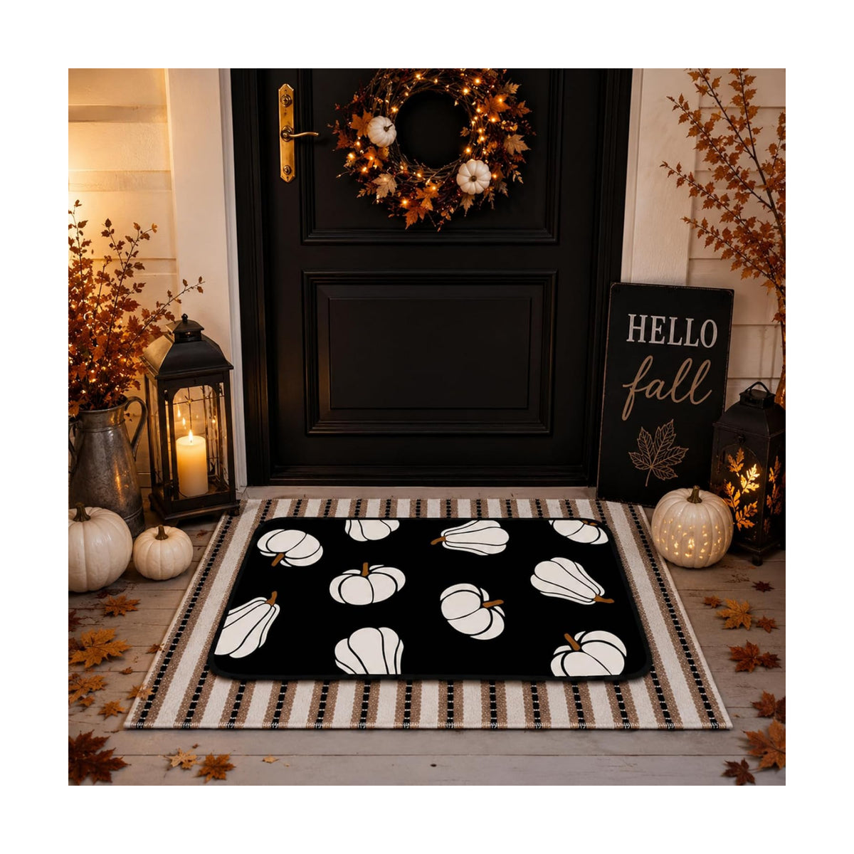 Tinideya 2 Pcs Halloween Layered Doormat Set, Neutral Pumpkin Outdoor Front Door Mat with Striped Layering Rug, Non Slip Fall Halloween Porch Entryway Outside Decor