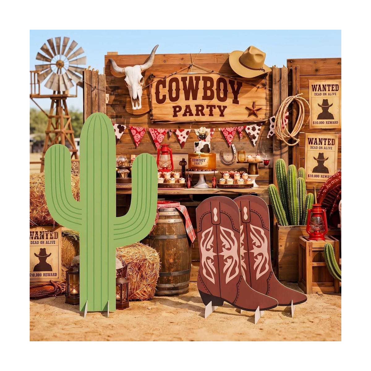 Sliner 3 Pcs Western Cowboy Party Decorations 23-35 Inch Brown Cactus and 2 Boots Shape Cowboy Photography Booth Prop for Western Birthday Wedding Theme Party Supplies
