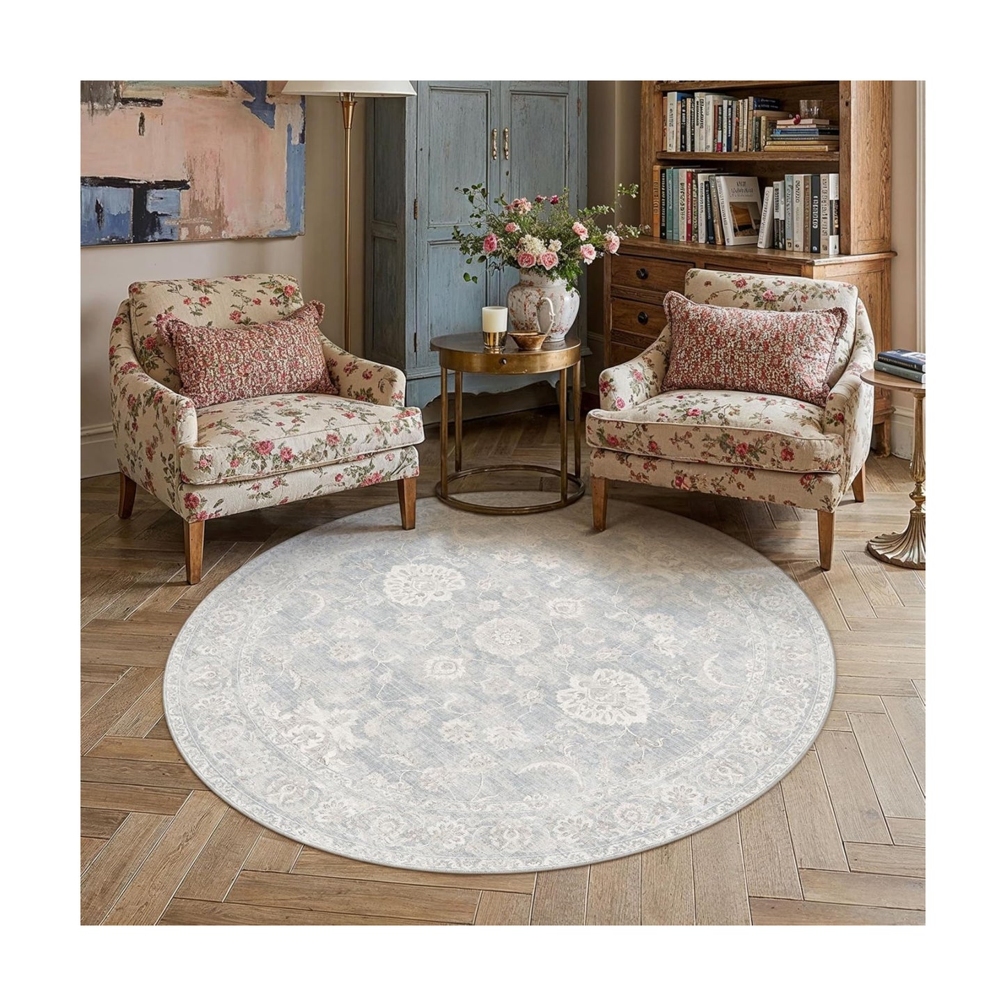 5x5 Blue Cream Neutral Round Rug