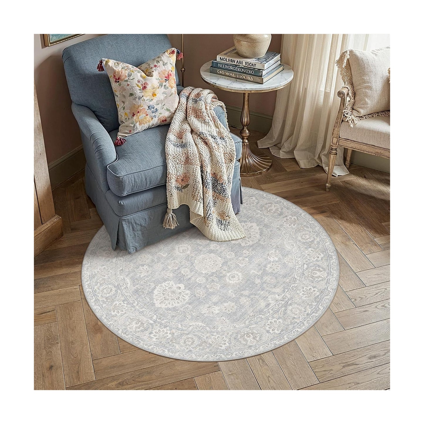 4x4 Blue Cream Neutral Round Rug