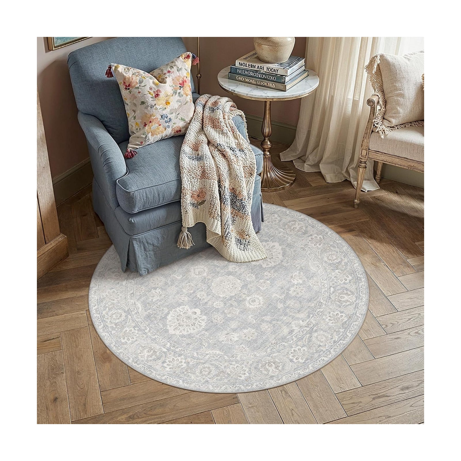4x4 Blue Cream Neutral Round Rug