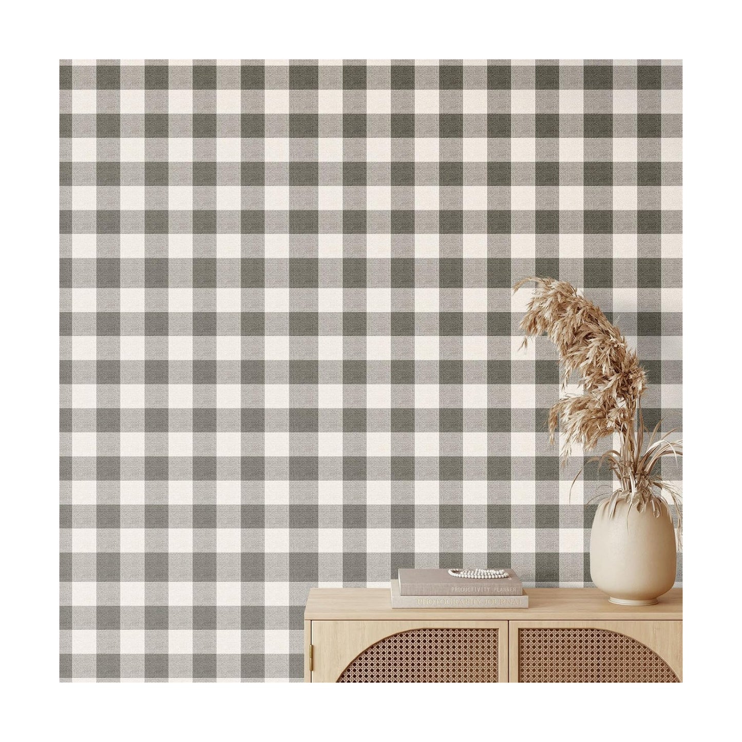 Plaid Textured Peel Stick Wallpaper " Boho Checkered Gingham Contact Waterproof / Black / 15.8 x 118