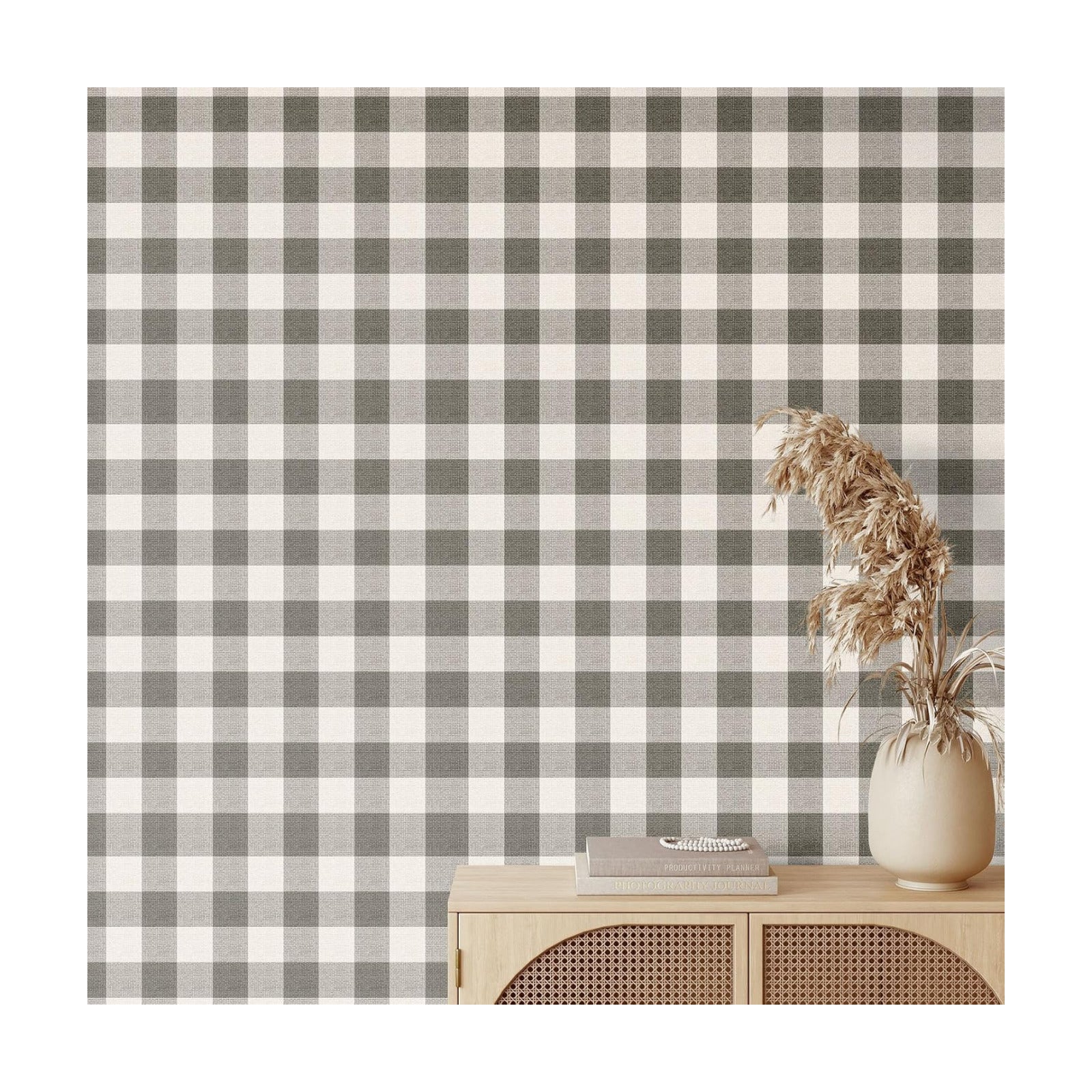 Plaid Textured Peel Stick Wallpaper " Boho Checkered Gingham Contact Waterproof / Black / 15.8 x 118