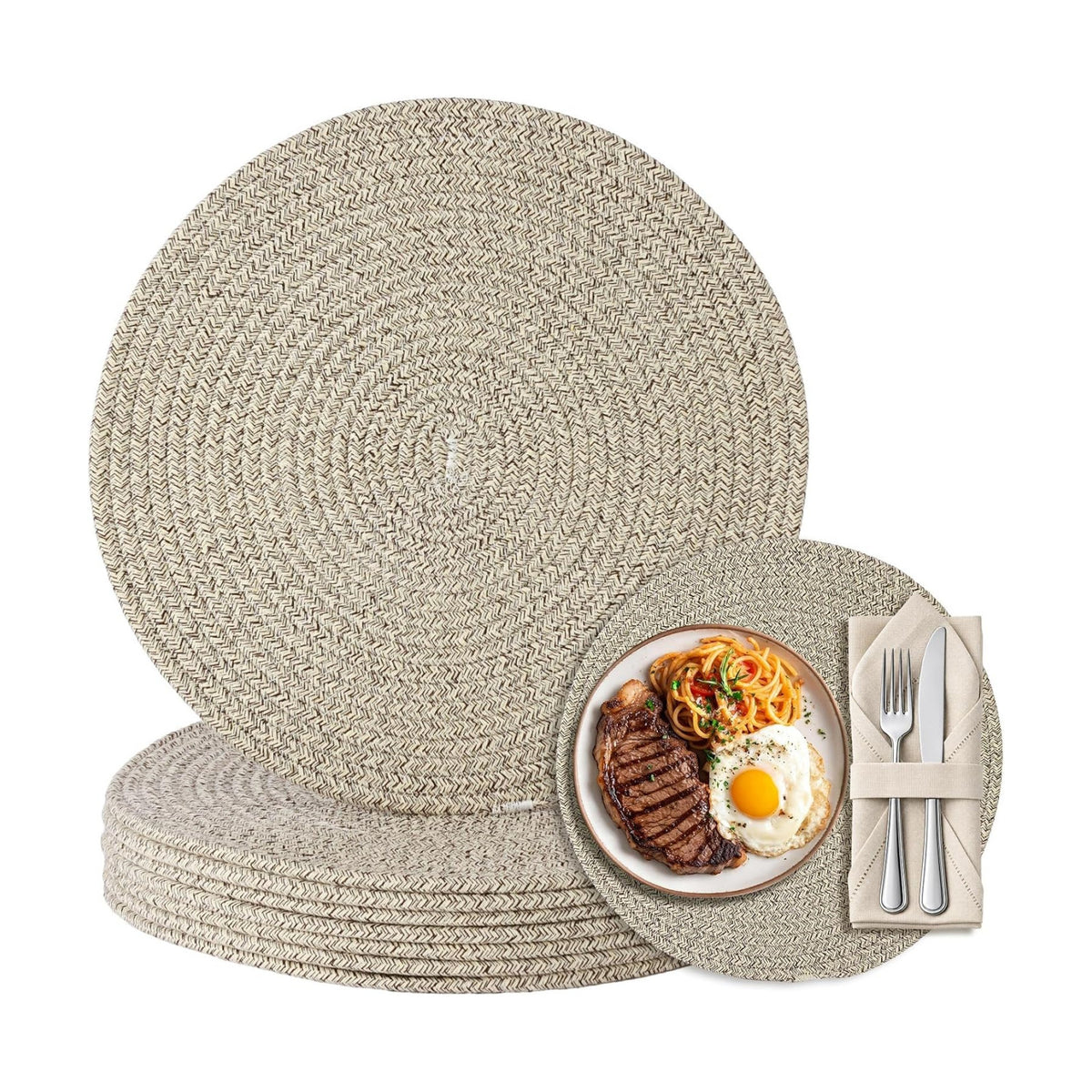 8 Pack Round Woven Placemats 13.5 Inches Heat Resistant Placemats Farmhouse Cotton Rope Braided Place Mats for Dining