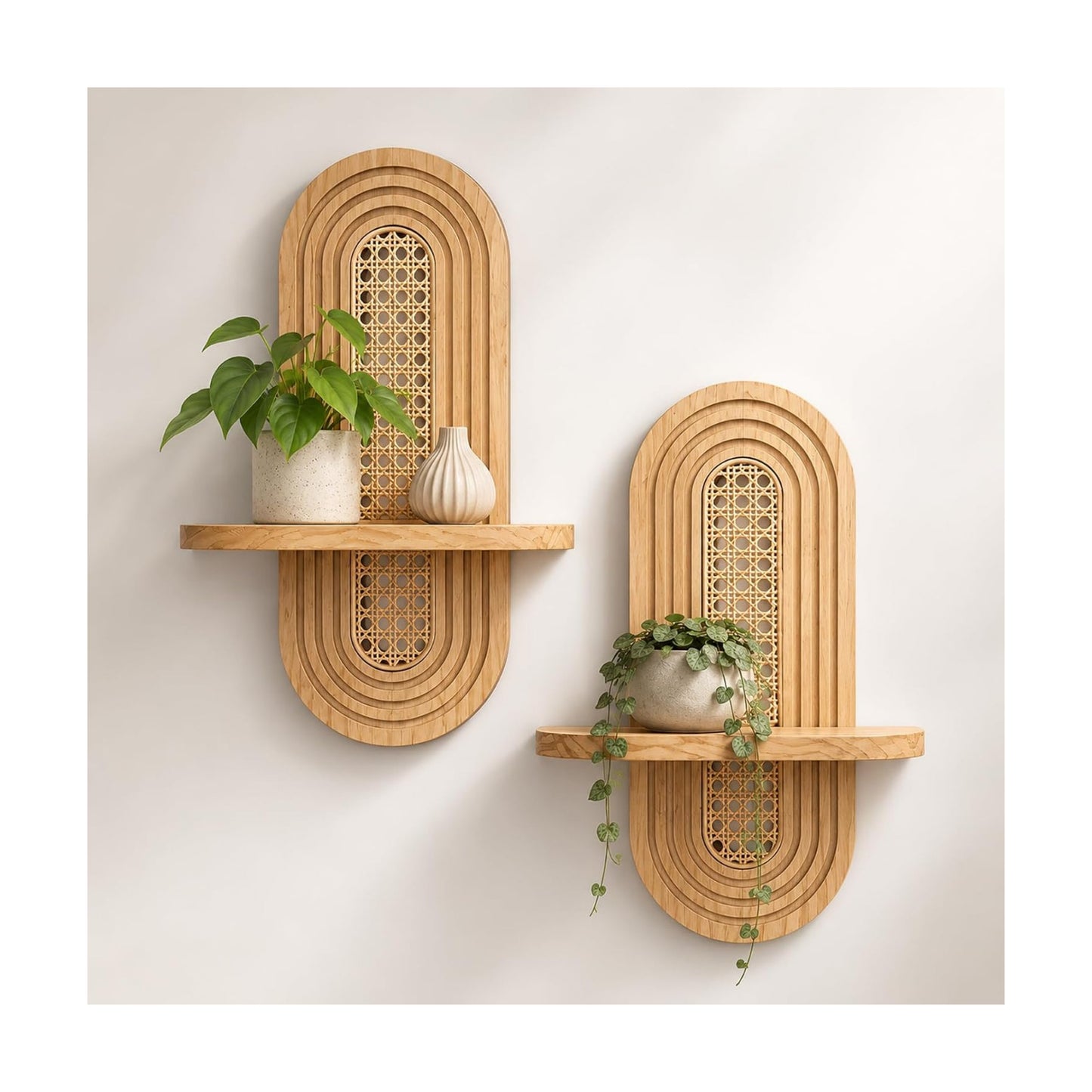 Boho rattan floating shelf displays plants / Wood Color