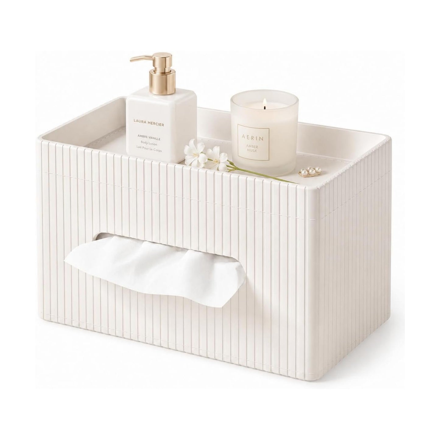 Ribbed PU Leather Tissue Box Cover / Ivory White