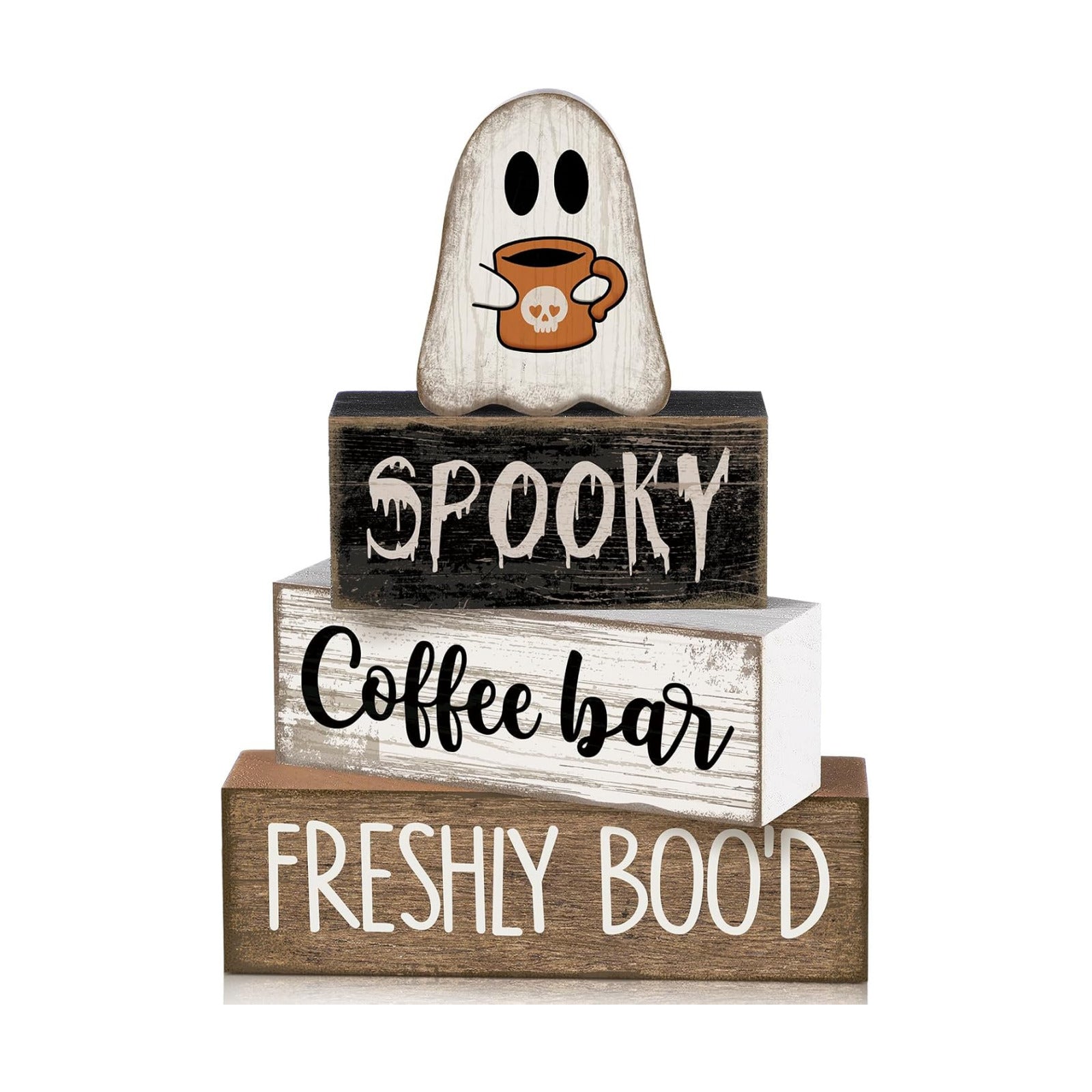 Lineshading 4 Pcs Halloween Coffee Bar Decor Wooden Ghost Block Signs
