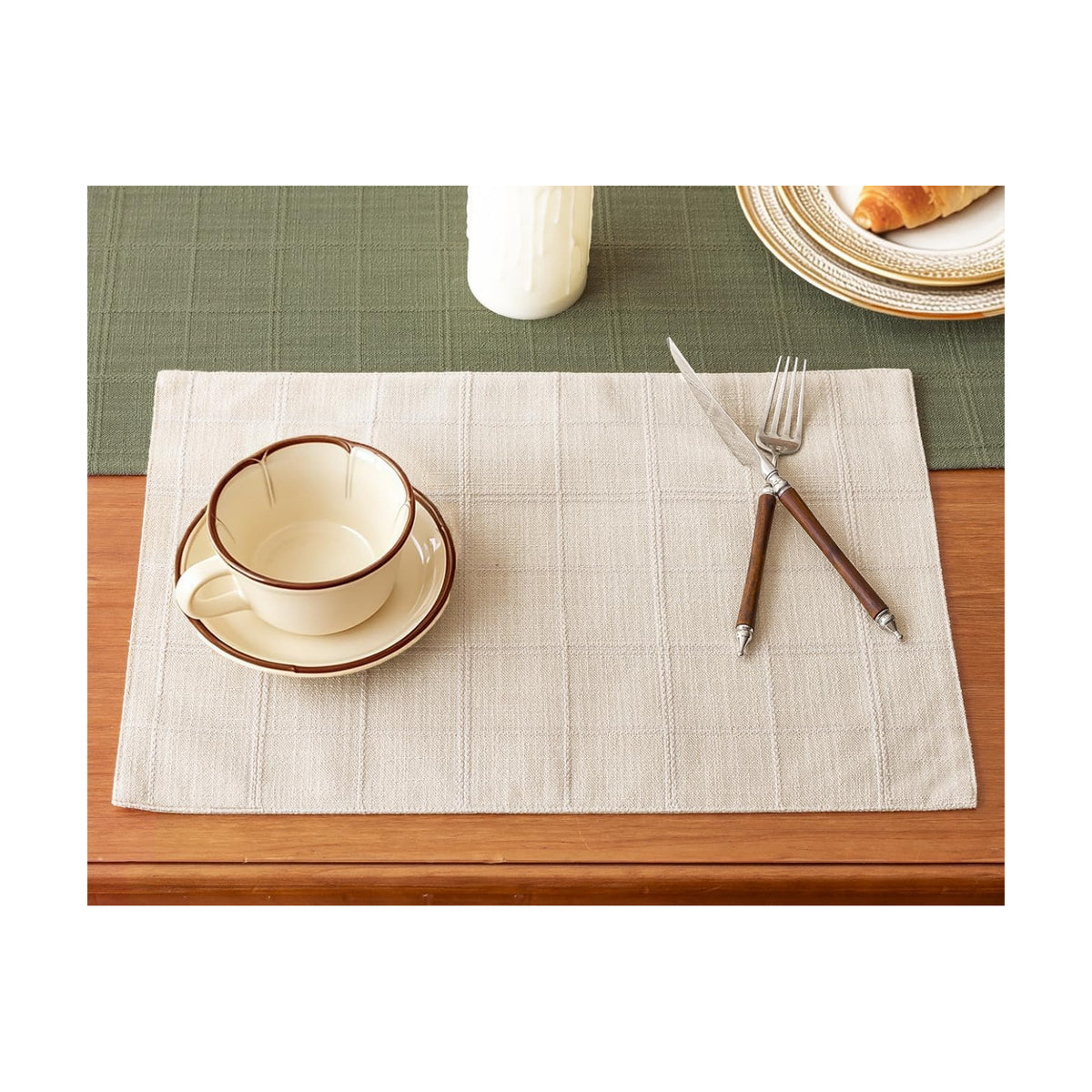 Linen Checked Placemats Set of 6, Ivory Rustic Place Mats 12x18 Inch | Raised Grid Embroidery Design, Machine Washable