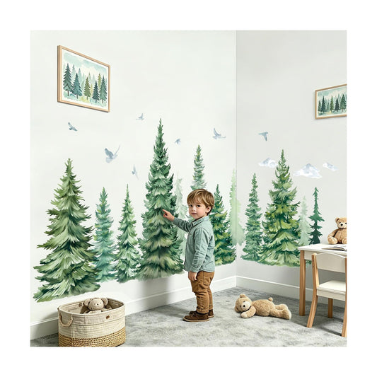 Large Pine Tree Wall Stickers Woodland Mountain Tree Birds Wall Decals Living Room Bedroom Office